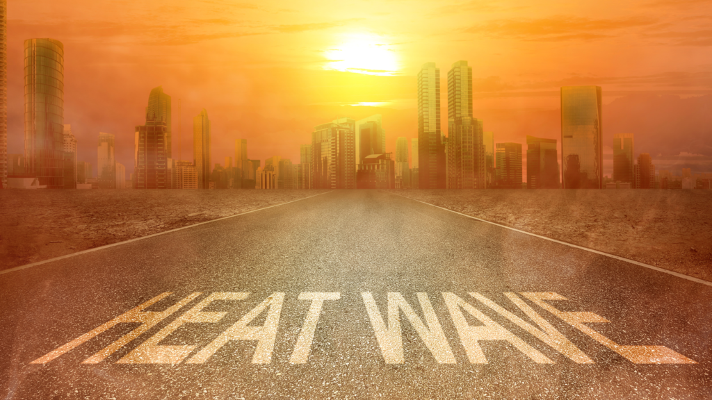 heatwave written on a road with blazing sun behind depicting heatwaves