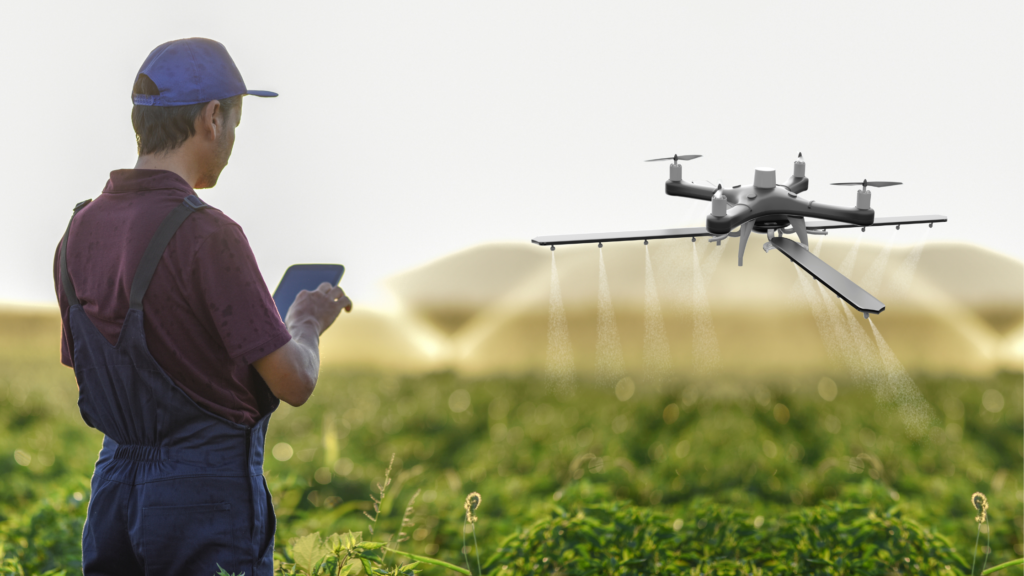 Drone flying over a field for sustainable farming