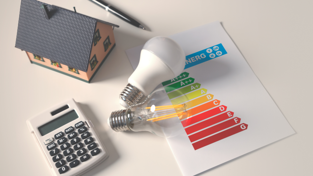 A composition featuring an energy efficiency rating chart with two light bulbs, a model house, and a calculator. The chart ranges from green (most efficient) to red (least efficient), with a lit LED bulb and an unlit traditional bulb placed on top. The model house and calculator suggest home expenses or savings related to energy consumption