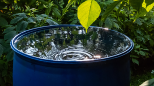 raindrops falling off a leaf into a water drum