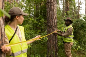 two people measuring distance between trees in a forest representing how is biodiversity measured